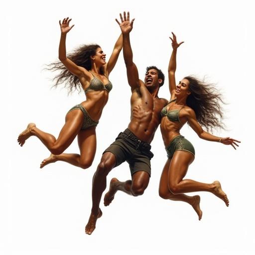 Full body view of a man and two Amazon women jumping and playing around. White background. Highly detailed illustration with intricate textures.