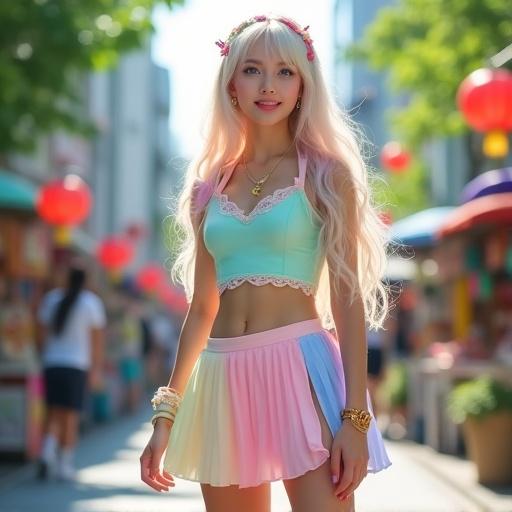 Full-body portrait of a stylish young woman with long wavy platinum blonde hair and pastel streaks. She has a cheerful expression and striking blue eyes. Dressed in vibrant summer Harajuku fashion with a pastel crop top and lightweight pleated mini skirt. Accessories include a gold pendant necklace, mismatched earrings, and pastel bag. She stands casually on a summer day with colorful shopfronts and lanterns in the background.