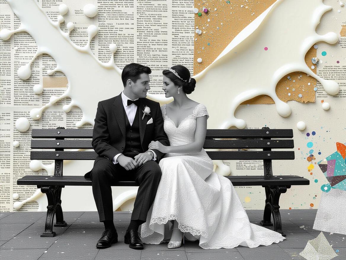 A couple sits on a bench surrounded by a chaotic blend of textures and colors. Background features splashed milk, layered newspaper, and confetti. Artwork blends traditional Japanese influences with modern collage elements. The scene evokes romance and celebration.