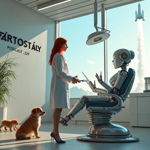 Woman with red hair in white lab coat and high heels stands next to robotic dentist assistant with many arms. Futuristic dental chair made of chrome and leather. Cute puppies playing in the corner. Office features large windows with a sign saying ZÁRTOSZTÁLY PODCAST 229. Space rocket visible in the distance. Bright colorful lighting and photorealistic style.