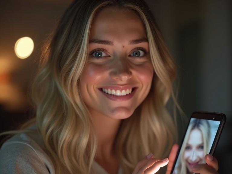A photorealistic portrait of a young woman holding a smartphone. She smiles gently at the camera. Eyes slightly teary with a happiness tear on her cheek. Warm expression showing surprise and emotion. Phone screen shows a blurred video. Soft indoor lighting, cinematic quality, high-resolution.