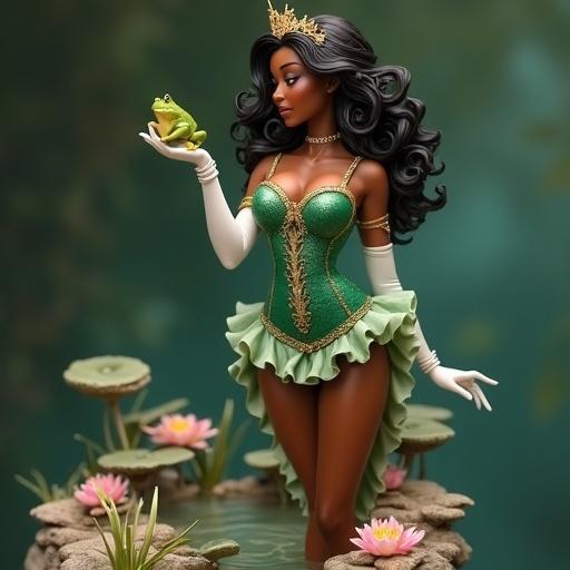 Ultra-detailed hyper-sensual resin figure inspired by Disney's Princess Tiana. A dark-skinned woman with curvaceous body and sensual posture. She stands leaning forward, back arched, lips pursed, about to kiss a small frog in one gloved hand. Wearing textured emerald green corset with gold details, fitted waist, and ruffled miniskirt. Hair is curly and loose with floral tiara. Long white gloves. Expression is sweet yet powerful. Stands on decorated base with rocks, flowers, water lilies, and reflections. Design is full of fine details, feminine, fantastic, and provocative, ideal for collectible figure.