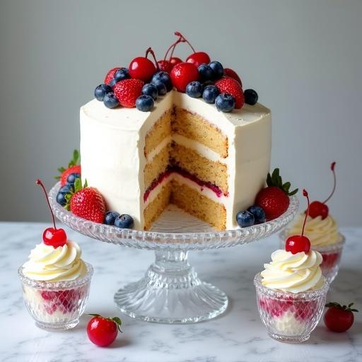 A multi-layer cake is placed on a crystal cake stand. The cake is decorated with white frosting, blueberries, strawberries, and cherries on top. Around the cake, there are crystal dessert cups filled with vanilla ice cream, each topped with whipped cream and cherries.