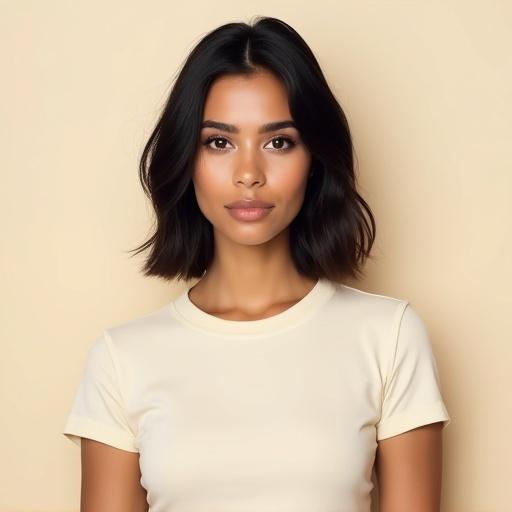 High resolution portrait of a woman with medium-length hair styled in a sleek bob. She wears a plain cream T-shirt. The image shows her head and just below the chest. Subject centered with no cropping. Neutral expression and rich brown complexion with subtle highlights. Features include full lips and prominent cheekbones. Well-lit with soft lighting against a simple background. Sharp details and realistic skin tones.
