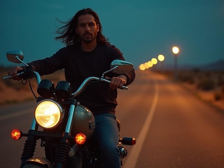 Man with long hair riding a Harley at night on a deserted road