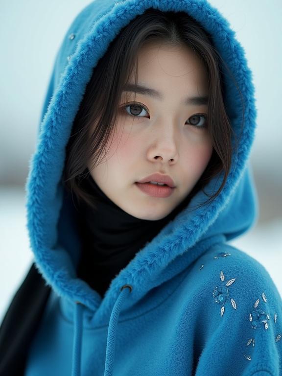 Artistic portrait of a Korean woman in a hooded blue hoodie. She wears a black hijab. Gazes confidently at the viewer. Background is creamy white and blurred. Softbox lighting highlights her features.