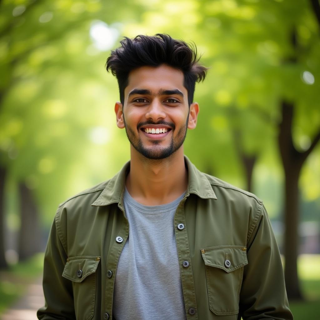 This image shows a young man with a cheerful expression. He is wearing a casual grey t-shirt and an olive green jacket. The background is filled with bright green trees, creating a lively and refreshing atmosphere. Natural light highlights his features, adding to the vibe of positivity. This portrait captures the essence of youthful energy in a nice outdoor setting.