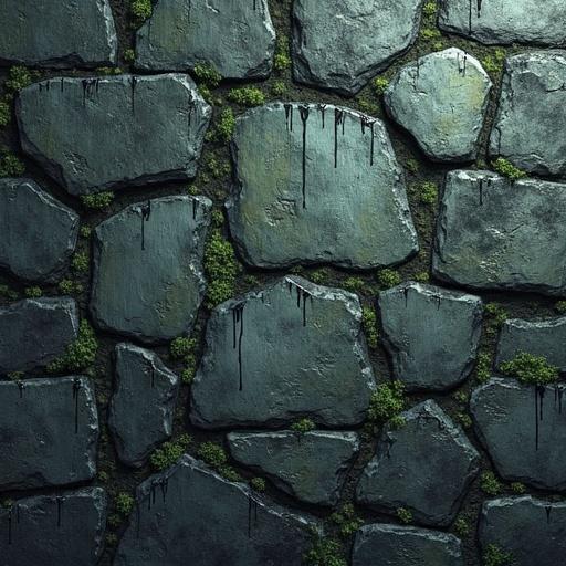 A seamless texture depicting a dark fantasy stone wall. The wall features moss-streaked stones with blackish ooze weeping from crevices. The color is diffuse and even. Rendered in a painterly style capturing rich textures. Ideal for game environments.