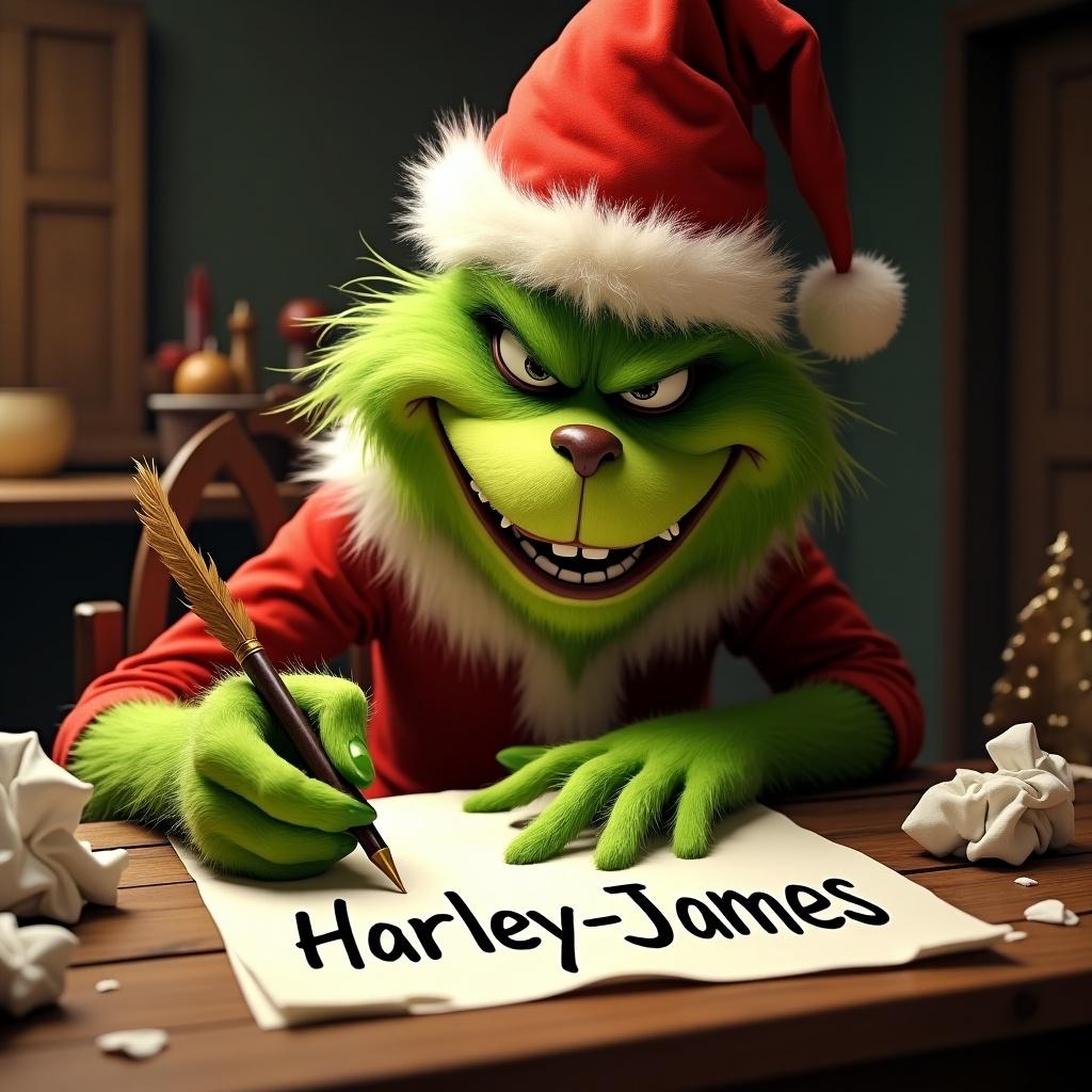 The Grinch in a Santa outfit writing the name Harley-James on a piece of paper. The Grinch has green fur and is sitting at a table decorated for the holiday season.