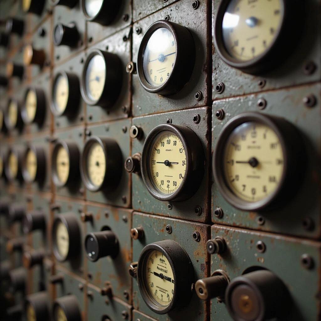 Wall filled with old analog dials and switches. Dials show various measurements. Mechanical shapes repeat across the surface. Capture the texture and colors of the equipment.