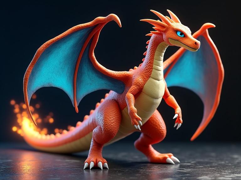 Charizard character in full body view. Features vibrant scales with textured reptilian skin. Detailed blue wings and glowing blue eyes. Fiery tail with sparks and smoke. Ferocious expression and sharp claws. Standing on dark reflective surface with dramatic shadows.