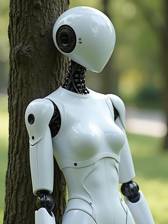 Photo-realistic humanoid female robot. Wearing a white t-shirt. Leaning against a tree. Viewed from front. Knees up perspective.