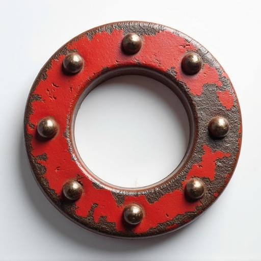 A circular lead magnet representing a marketing tool. The object is red with bronze studs. The design shows signs of wear. Focus on the circular shape and vibrant colors.