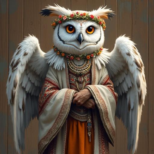 Character design of an anthropomorphic owl with light gray fur dressed in poor non-colorful Slavic robes. Owl wings instead of arms. Wears layered embroidered garments with beads and fur trim. Floral wreath on her head, wise glowing eyes, intricate patterns on dress, feathers blending into wings. Full-length portrait with stylized painterly textures and bold color accents against a wooden background.