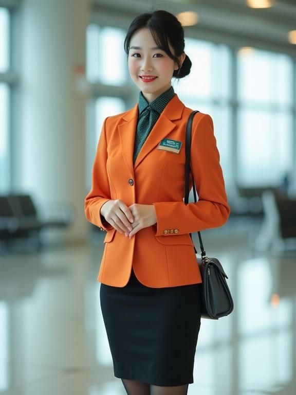 Full body image of late-20s female airport ground staff in uniform. Model wears jade-green blouse with mandarin collar and black pencil skirt. She has tangerine blazer, black pantyhose, and low-heel pumps. Black hair styled into a bun, with light makeup and a friendly smile. Silver name tag displayed, black lanyard with ID badge, dark-grey-gingham scarf tied around collar, and holds a dark-grey satchel. Model stands straight with clasped hands in an airport terminal.