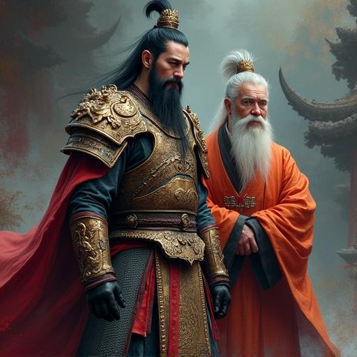 Chinese warlord in ornate lion-shaped armor with ancient general in chainmail. Old wise advisor in scholar robes. Three Kingdoms era. Dark fantasy style with cinematic lighting. Painterly texture and oil painting details. Volumetric shadows and dramatic composition. Stylized brush strokes in 2.5D render. Semi-realistic comic-book style with bold outlines and detailed textures. Toon shading blends with realistic fabric folds using flat colors.