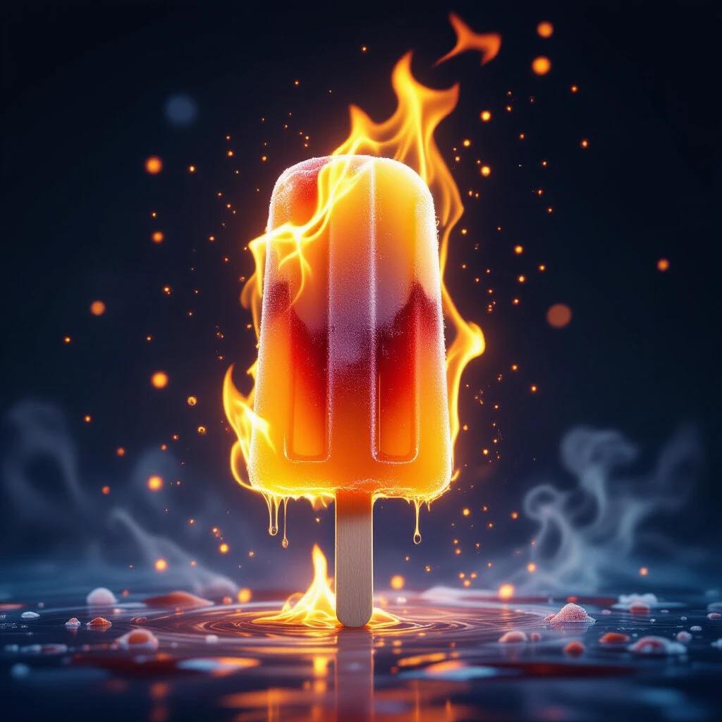 A vibrant popsicle made of flickering flames frozen in mid-motion. It melts from heat and cold, showing liquid fire in digital realism.