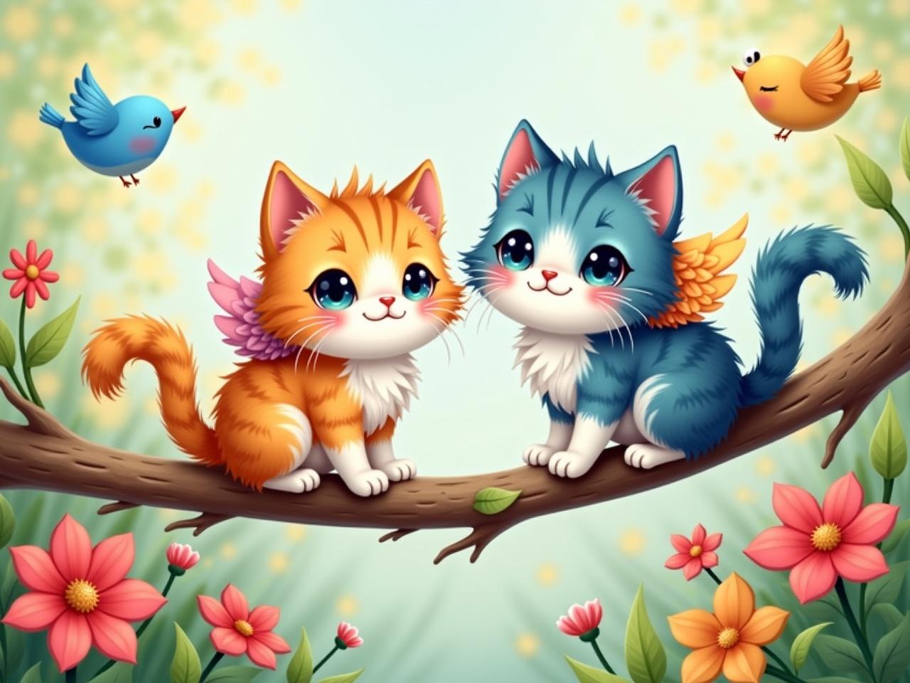 The image features two cute cats perched on a branch. One cat is orange and white with fluffy fur, while the other is blue and white. Both cats have small colorful wings, adding to their whimsical appearance. Around them are vibrant flowers in various colors, like red, pink, and yellow. Tiny blue birds flutter nearby, and a butterfly is seen in the background. The overall scene is bright and cheerful, evoking a sense of playfulness in a beautiful outdoor setting.