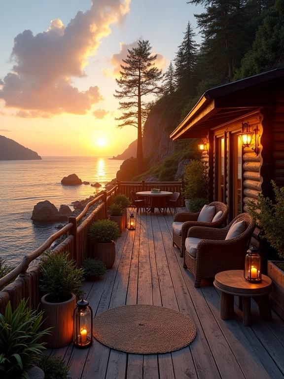 Stunning coastal sunset view from a wooden terrace beside a rustic cabin. Gradient sky in soft blue and pastel pink. Glowing sun reflecting golden orange on calm ocean. Lush green vegetation surrounds the deck. Warm light from lanterns creates a cozy vibe.