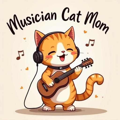 A joyful cat wearing headphones. Cat holds a microphone while strumming a tiny guitar. Cat has closed eyes and a happy face. Music notes float around cat's head. Tail curls into a treble clef. Cat stands on a miniature stage with a spotlight. Text reads 'Musician Cat Mom: Making Life Sing' with a heart-shaped music note. Hand-drawn style emphasizes charm and passion for music.