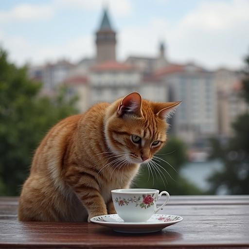 A cat sits near a cup of tea with Istanbul in the background and Galata Tower visible.