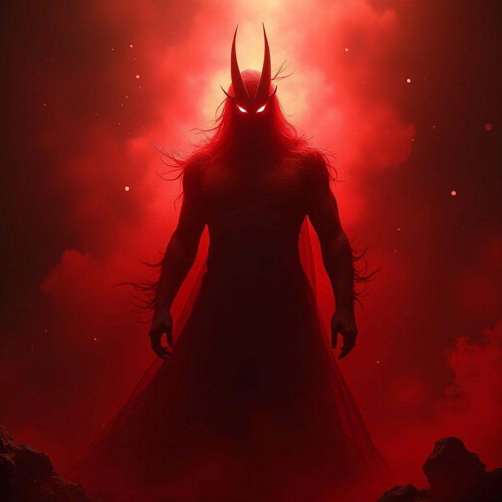 Tyrant God surrounded by red darkness. The figure exudes power. Enemies feel compelled to submit.