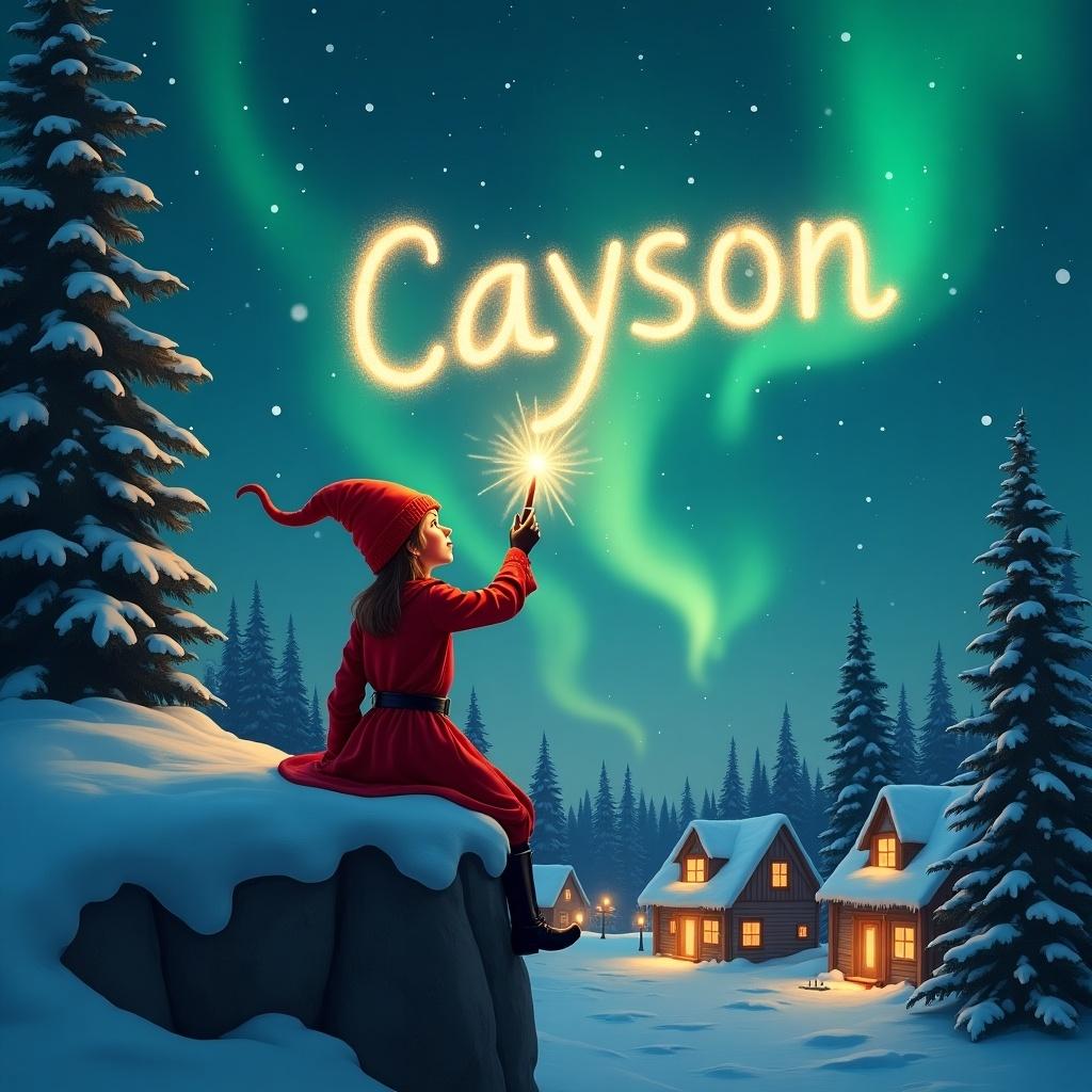 Elf uses wand to write 'Cayson' in night sky. Elf sits on ledge, dressed in red with pointed hat. Snow-covered houses and evergreen trees surround. Northern Lights illuminate enchantingly.