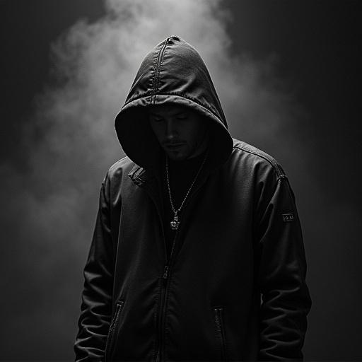 A dark themed album cover featuring a figure in a hooded sweatshirt with a smoky background. The figure looks down, creating a somber atmosphere, suitable for hip hop music.
