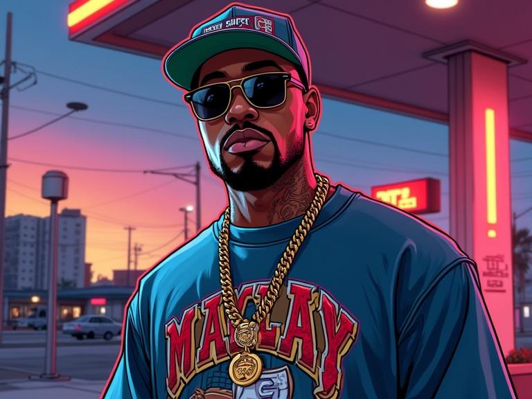 A Black male rapper stares directly at the camera. He stands at a gas station. The image features urban streetwear with a graphic t-shirt and gold chain. He wears a snapback cap and sunglasses. Background shows a detailed gas station with neon lighting. The artwork uses bold outlines and dramatic cell shading.