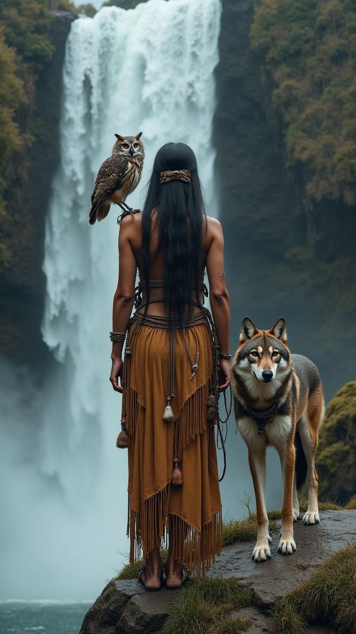 A woman with an owl perched on her arm stands beside a wolf in front of a majestic waterfall.