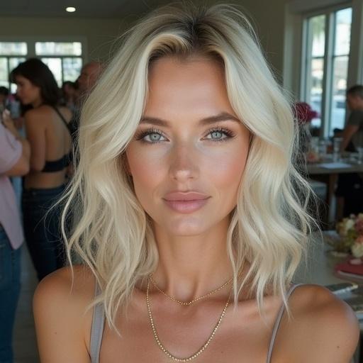 Portrait of a blonde woman with wavy hair and clear skin. Bright blue eyes and soft makeup. Indoor setting with natural light. Styled in elegant fashion.