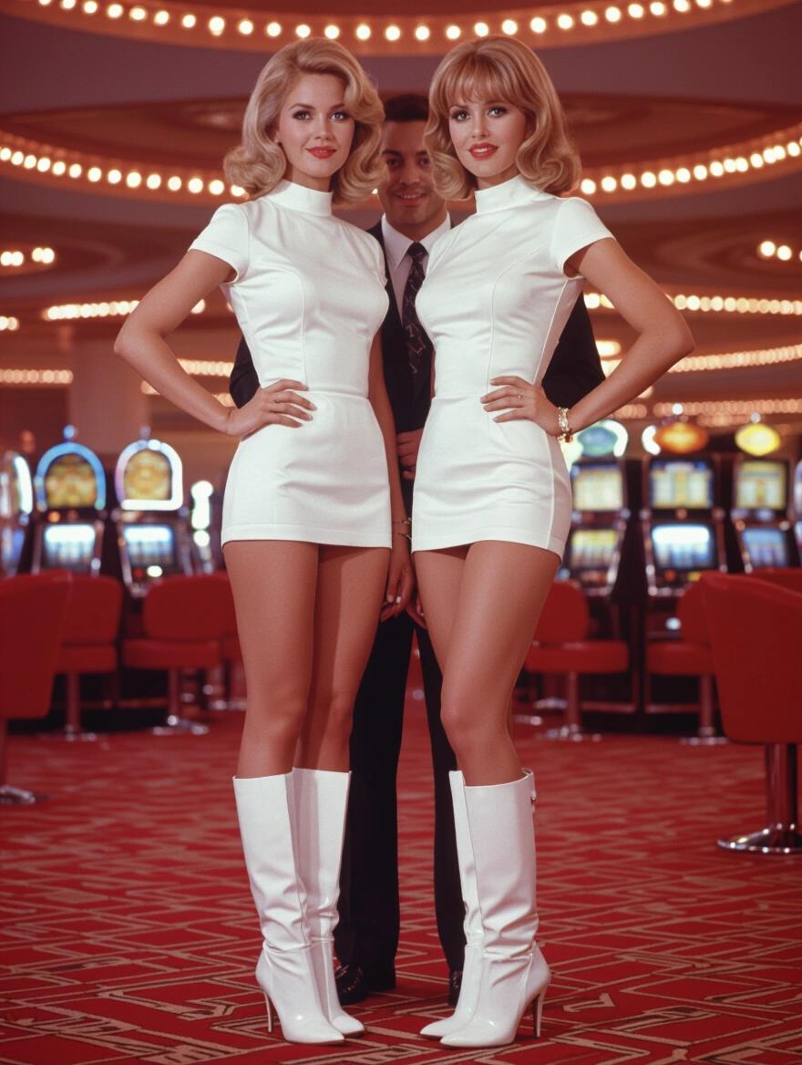 Two women in white minidresses and gogo boots stand in a Las Vegas casino with a man in a suit behind them. The scene shows full-body shots of the women highlighted by bright casino lights and vibrant decor. The focus is on fashion and the lively casino ambiance.