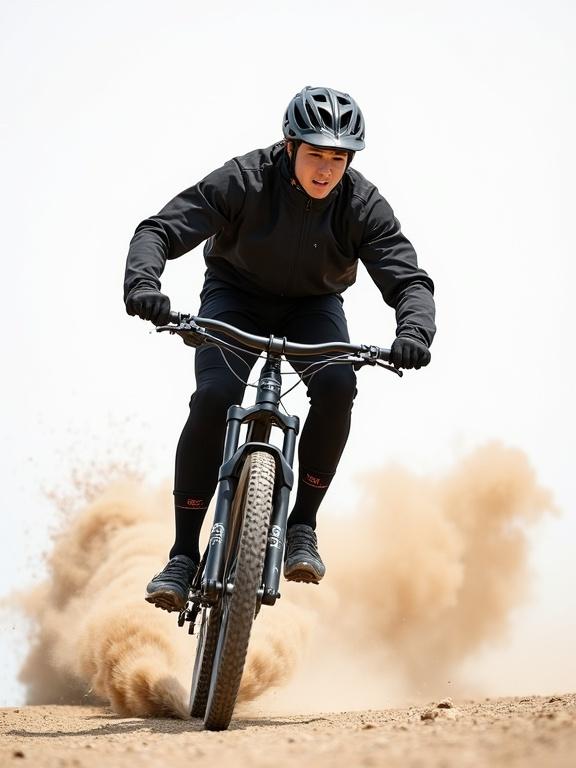 Young male cyclist riding mountain bike. Low side angle capture. Leaning into a turn. Kicking up dust trail. Clean neutral background. Emphasizes speed and motion. Professional sports photography style.