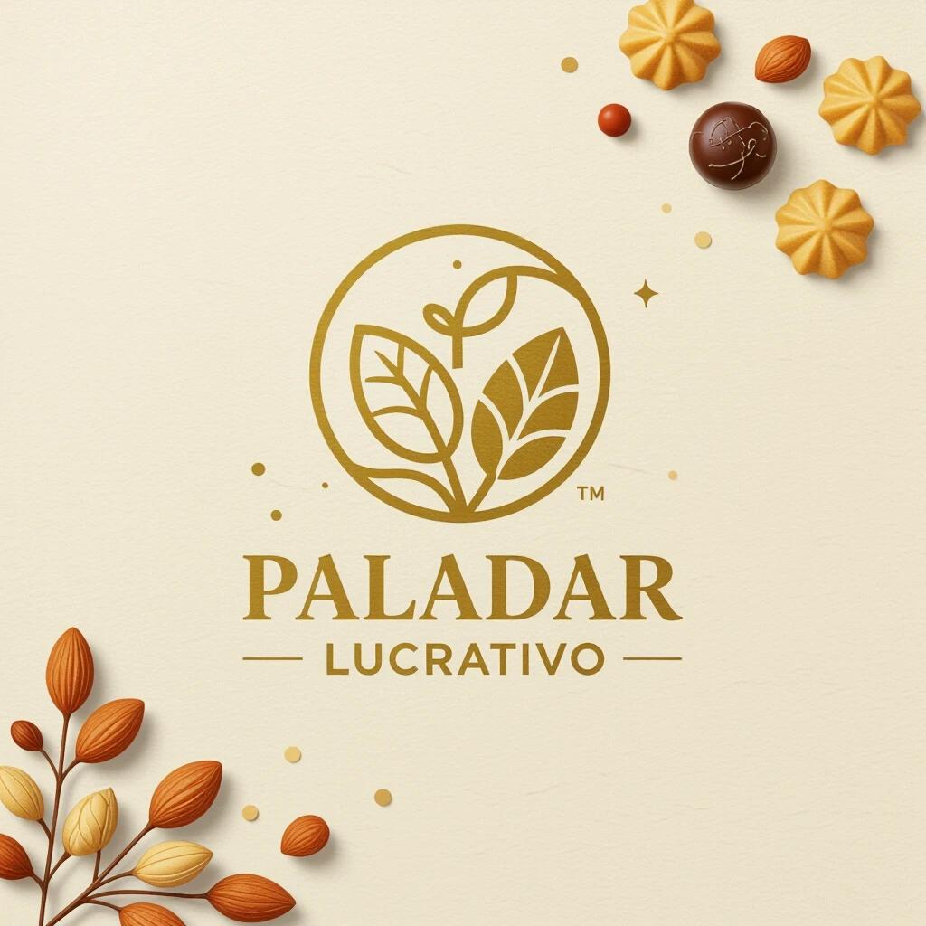 Logo design for a confectionery. Minimal minimalist style. Eye-catching golden color. Includes the name Paladar Lucrativo in Portuguese. Transparent background in png format. No particles in the design.