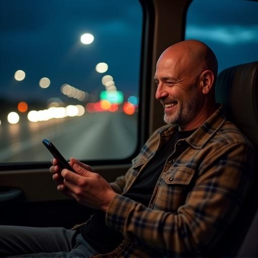 A bald man sits on an interstate bus at night. He smiles while looking at his phone. He wears a plaid shirt over a black shirt. He has a gray goatee and no mustache.