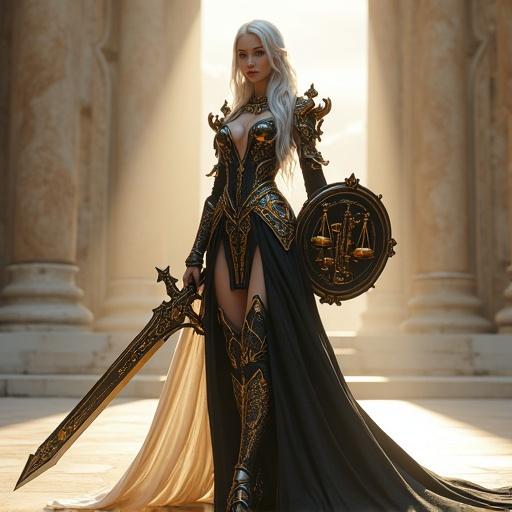 Stunning female fantasy warrior inspired by a divine judge. Luxurious asymmetrical armor in black gold and platinum white. One side heavily armored with scales and divine runes. Other side lightly armored with flowing cloth. Refined face with calm expression. Long silver hair flowing. Holds magnificent one-handed sword with celestial scale motif. Shield floats beside shaped like divine scale. Stands tall in grand open plaza bathed in heavenly light.