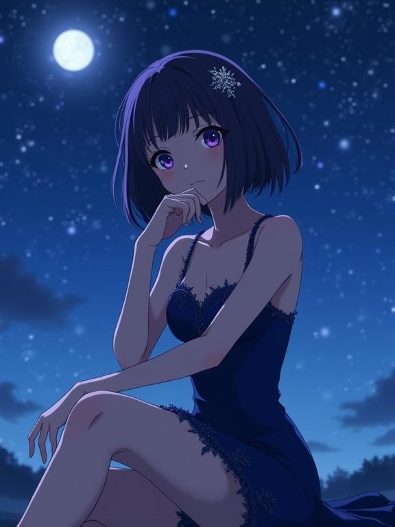 A captivating medium shot featuring a Hitagi Senjogahara-style anime lady sitting outdoors at night. Character has short dark violet hair, purple eyes, and wears an elegant midnight blue dress. Scene under a starry sky illuminated by moonlight. The pose is seductive with a confident gaze.