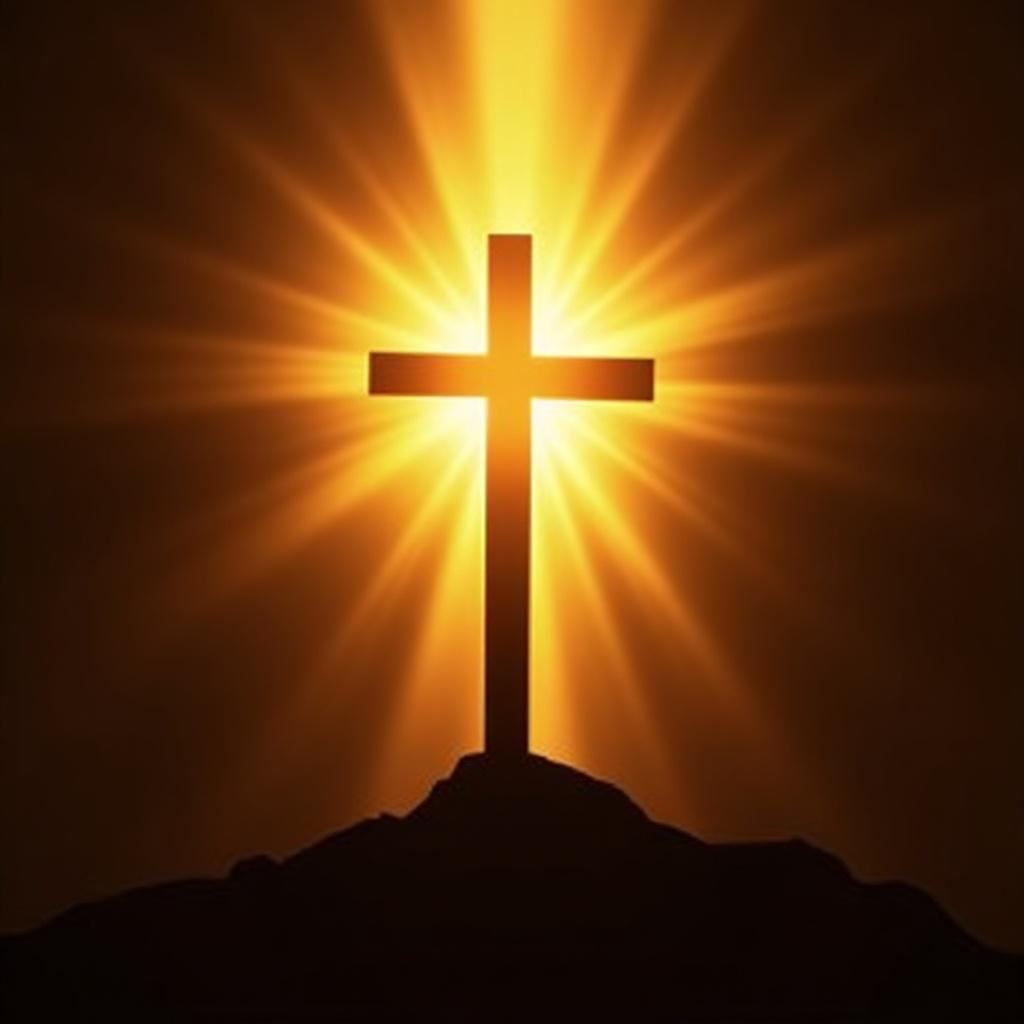 A glowing cross stands on a rocky base. A silhouette of Jesus can be seen. Radiant light shines from behind the cross. Symbolizes Christianity and faith.