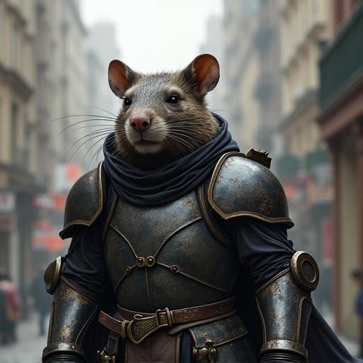 Rat character wearing armor stands in a city street. The setting is lively with people and buildings in the background.
