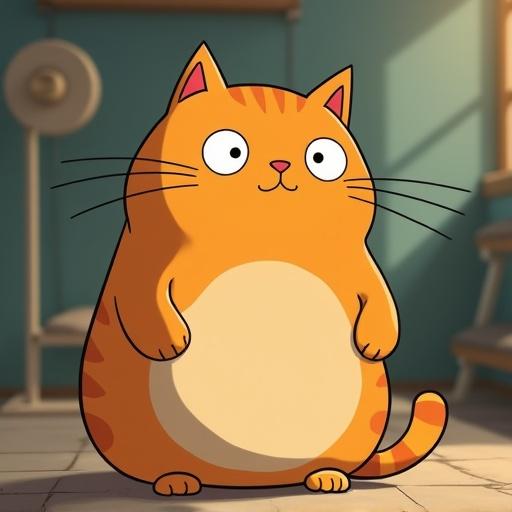 A round fat orange cat stands in a gym. The style resembles Ghibli animation. The cat has big eyes and a cute appearance. Background includes soft colors and gym elements.