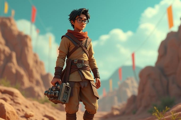 A heroic low-angle shot of a thoughtful and brave teenager wearing light leather armor. The character has glasses and holds a makeshift mechanical device. Setting is a rocky outcrop in a village, with colorful prayer flags in the background. The color palette is warm brown and teal. The style is stylized 3D cinematic animation with realistic textures and expressive features.
