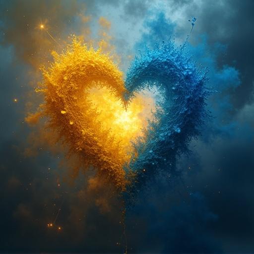 An artistic depiction featuring a heart made of yellow and blue, set against a stormy background. The heart is prominent and glowing, exuding symbolism of love and emotion.