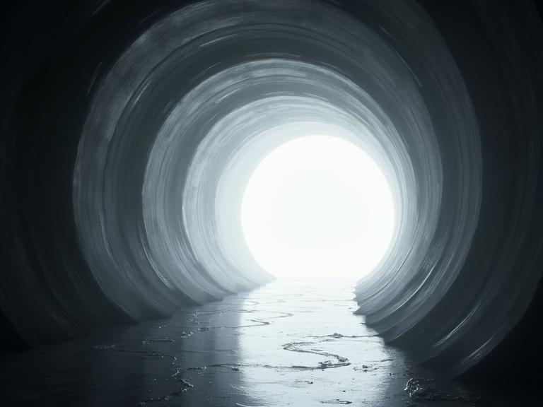 Create a dark cinematic scene featuring a sleek smooth silver metallic oval organic tunnel leading to a bright white light with shadows and textures, emphasizing realism and soft reflections