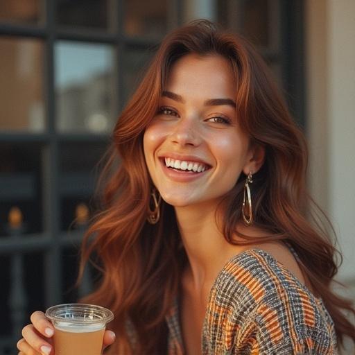 Portrait of a joyful young woman with long hair, smiling warmly. She wears stylish earrings. A drink in her hand. Soft natural lighting creates a cheerful atmosphere.