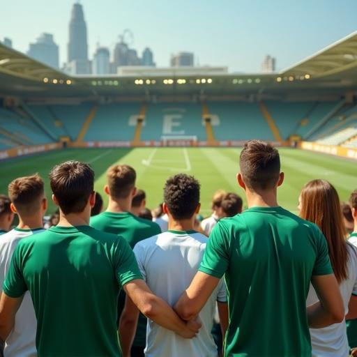 Realistic scene of football team fans in stadium stands. Focus on fans cheering happily. Fans wearing players' shirts. First team in green. Other team in white. General color palette includes turquoise, white, yellow.