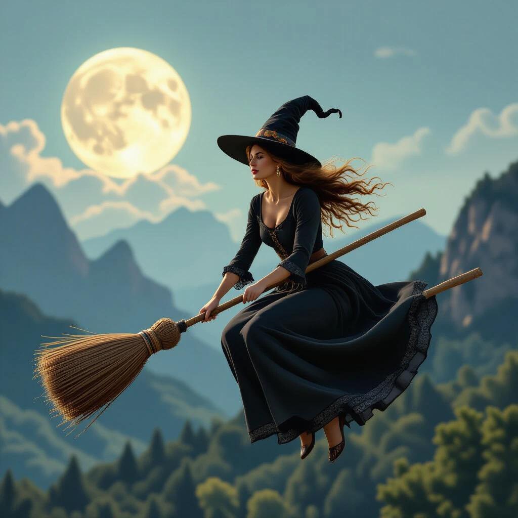 A witch in a long flowing dress riding a broomstick through a moonlit night. A large moon illuminates the scene with mountains in the background. The witch has long hair flowing in the wind. The broomstick is made of natural materials.