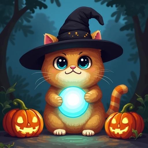 Chonky golden British shorthair cat with big eyes and cute face wearing a black witch hat holds a glowing crystal ball. Short paws and pumpkins jumping from off-screen. Dark jungle background illuminated by flashlight.
