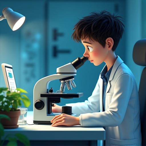 Microbiologist in a lab focused on a microscope. Character has youthful features. Lab is equipped with plants and technology. Soft lighting adds warmth. Pixar-inspired 3D animation style.