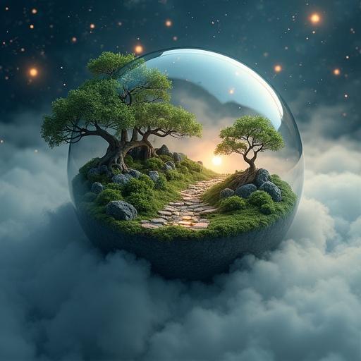 A tiny floating terrarium is shaped like a planet. It contains a serene bonsai garden with a soft twilight glow. Surrounded by mist and cosmic stars, it showcases a miniature surreal landscape with a magical ambiance. No humans are present. The image is ultra-detailed.
