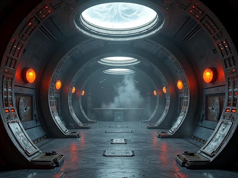 A cinematic sci-fi scene. Dark metallic background. Interior of a spaceship bridge. Round structures with organic designs. Features thick silver metal wires. Steam adds an atmospheric touch. Reddish orange LED lights create dramatic shadows.
